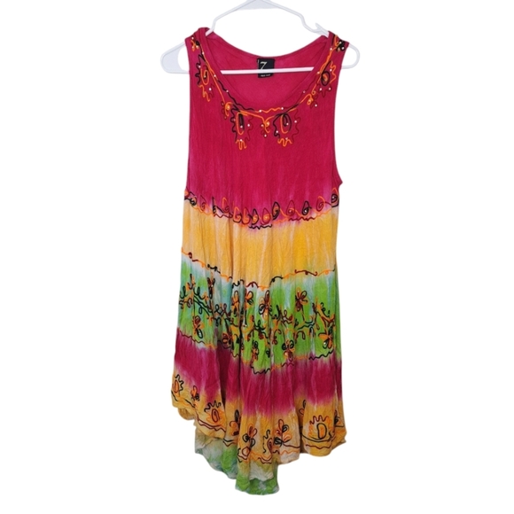 7 Islands Pink Yellow Green Embroidered Sequin Swing Festival Mini Dress Sz L - Picture 1 of 5